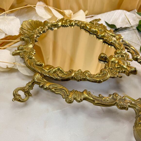 French Brass Standing Vanity Mirror - Picture 3 of 6